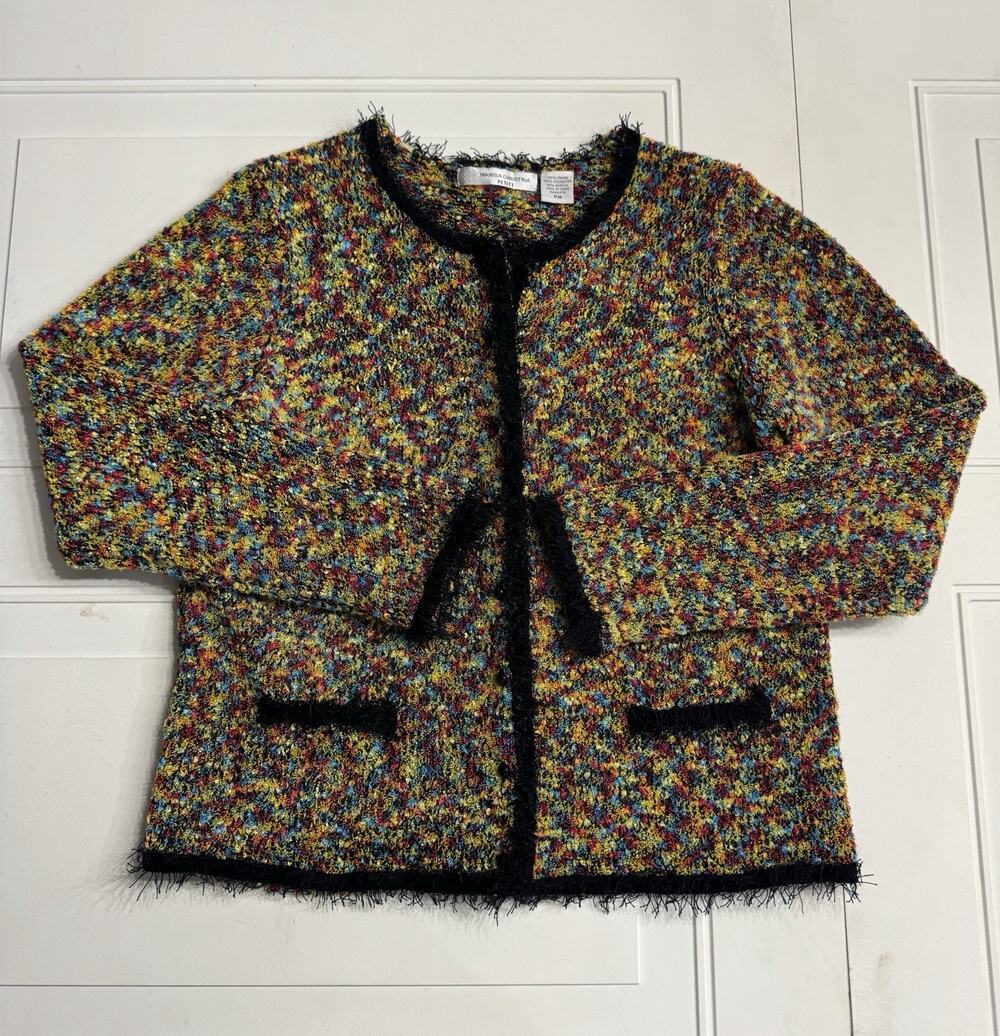 Marisa Christina Sz PM Petite Vintage Textured Cardigan Colorful Sweater Fringe